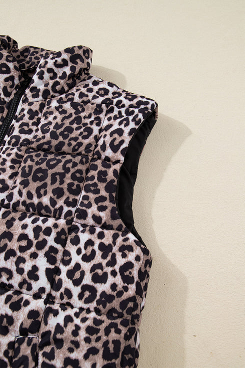 Leopard Quilted Full Zip Stand Collar Puffer Vest